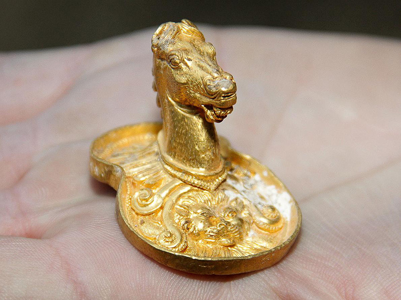 Toothsome Treasure A golden horse head—an ornament from one end of a long-gone iron horse bit—is part of a 2,400-year-old treasure recently discovered in an ancient Thracian tomb in Sveshtari, Bulgaria, archaeologists announced Thursday.