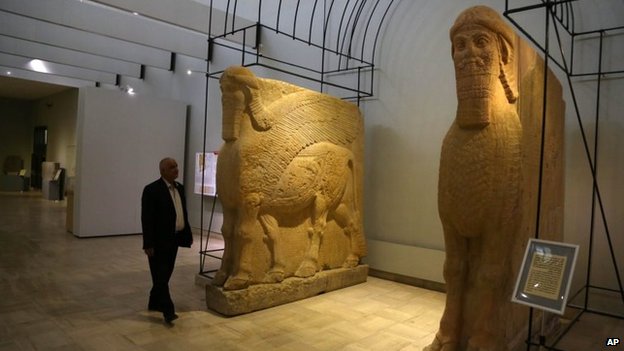 Some Nimrud artefacts have been moved - such as these statues now housed in Baghdad