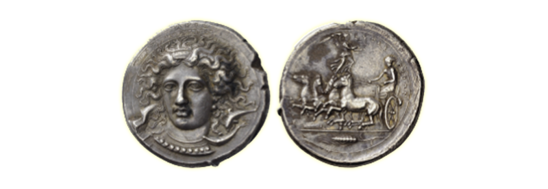 A circa 405 to 400 B.C. silver tetradrachm of Syracuse, Sicily, engraved by famed die artist Kimon, realized $2,737,000 Swiss francs (about $3,052,750 U.S.). The price is a new record for a Greek silver coin sold at auction.